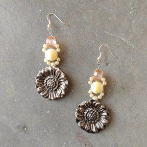 Handmade Earrings Silver Metal Flower and Pearl Bead Recycled Repurposed